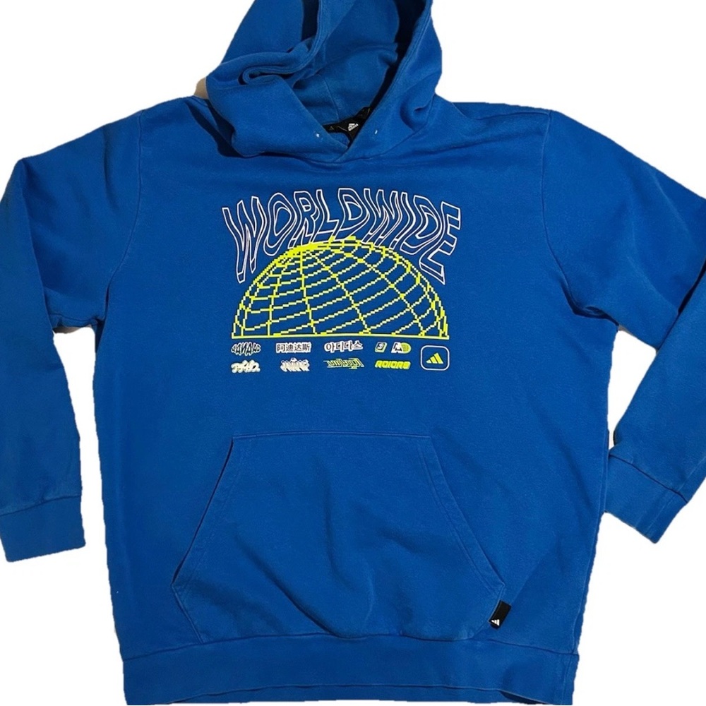Adidas Worldwide Hoodie Sweatshirt in Blue w/ Lime Green+White Graphic Men's XL